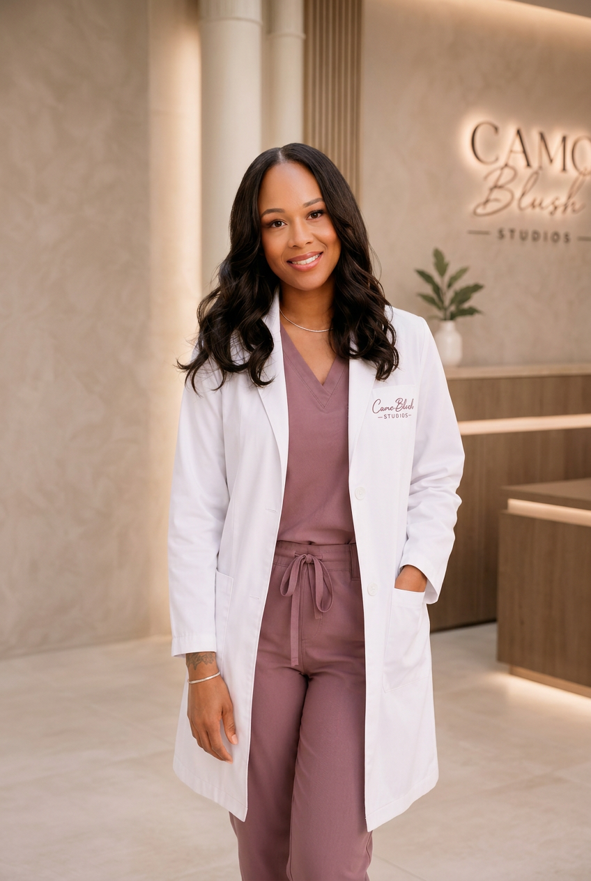 Founder and lead clinician of Camo Blush Studios in blush pink scrubs